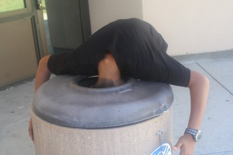 Javier has an interesting freshman perspective, with his head on the inside of a trash can.