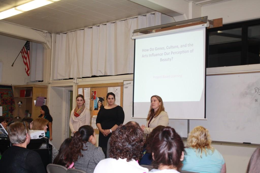 The teachers who initiated the project, from left, Ms. Keily, Ms. Gurash, and Ms. Berryhill,  introduce their students presentations.