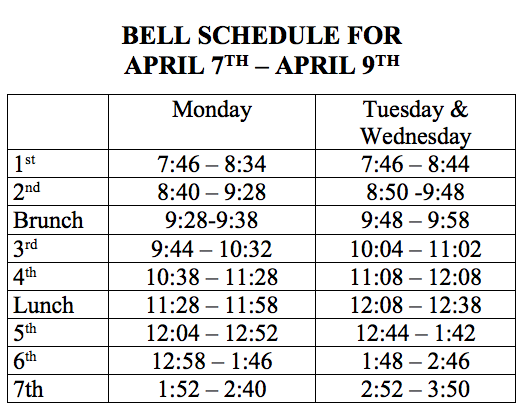 Students will follow this schedule Monday through Wednesday.