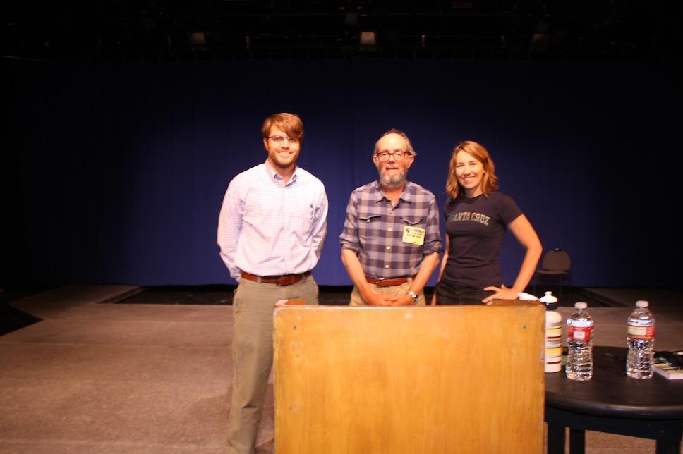Fleischman, center, poses for a photo after the talk with teachers Mr. Alpers and Ms. Handschuh in the Black Box Theater