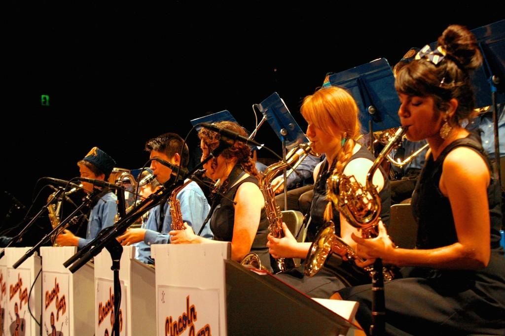 Jazz Band Sax Section. (Right to Left) Alysia Trillo. Rachael Bailey. Janelle Herrera, Jared Cruz, Jason Chung