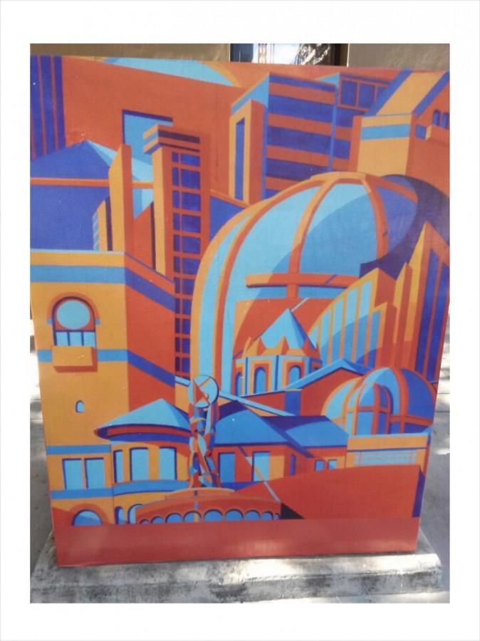 Esther Dello Buonos winning painting has been transferred onto a utility box in downtown San Jose.