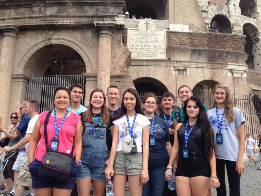 Lincoln High Schools students pose for a picture in front of the Colosseum.  