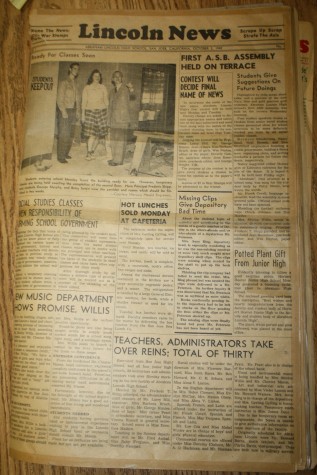 The Lincoln News’ first staff had a real challenge ahead of them: to produce a four page newspaper to be distributed to students on the first Friday of the school year, October 2, 1942. The several articles transcribed in our history section capture the spirit of that inaugural newspaper, and those exciting first days of Lincoln.