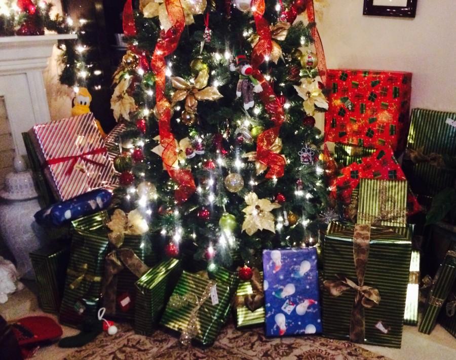 Christmas trees and presents are a common tradition.
