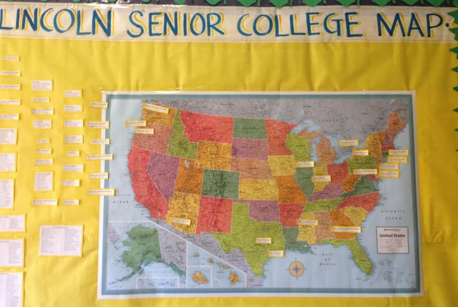 This map in the hallway of the main building shows where Lincolns seniors are headed next year. (Lincoln Lion Tales/ Nallely Nava)