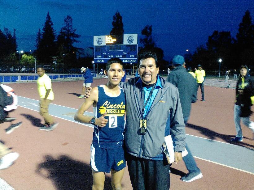 Jose Pina with former record holder, Rudy Montenegro, after Jose's record breaking run. (courtesy of Kevin Collins/special to Lincoln Lion Tales)