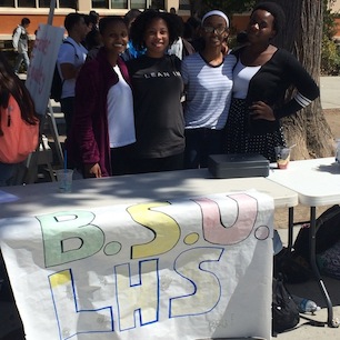 B.S.U. members (left to right) Genet Areda, Chloe Varlack, Anna Garza, and Aziah Griffin, pose for a photograph during Club Day Sept. 15, 2015. (Jacob Hall / Lincoln Lion Tales)