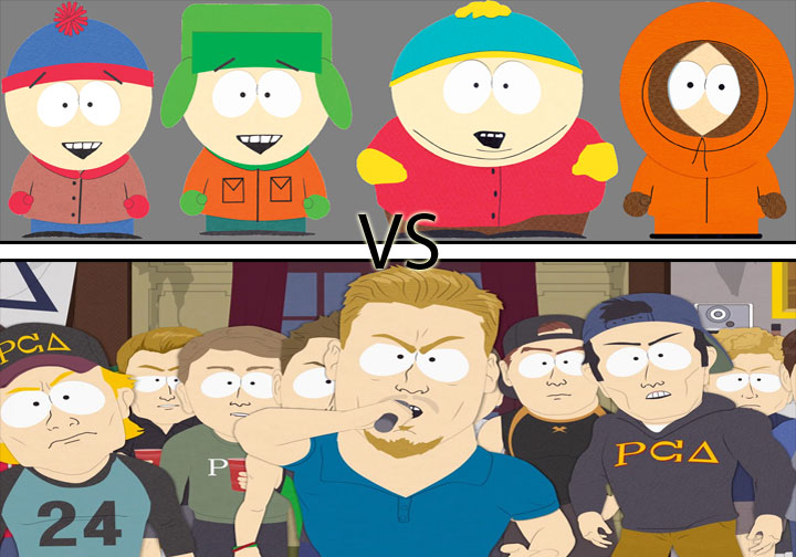 South Park's mischievous kids (from left to right: Stan, Kyle, Cartman, and Kenny) take on PC Principal (microphone in hand) in the Season 19 premiere. (Juan De Anda/Lincoln Lion Tales)