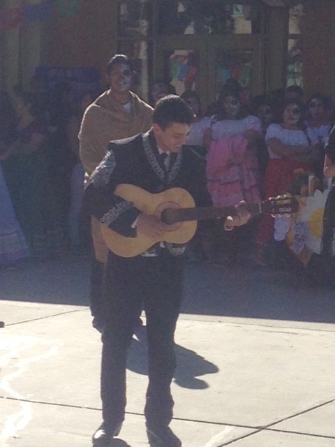 Close up of Michael Herrera playing the Character of Manolo in The Book of Life. The event happened  on Wednesday November 4, 2015. The Quad was transformed into a lively stage to celebrate Dia de Los Muertos. (L.Castillo/ Lincoln Lion Tales)