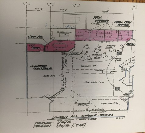 The first stage of construction, the highlighted section, starts during February break (February 15th-20th) and involves creating the offices for the career center faculty and an A.V. and I.T. room.(Jordan Summers/Lion Tales)