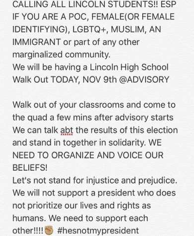 Students walk out to protest election results at Lincoln High School in San Jose, California on November 9, 2016. A message sent through social media by Lincoln students. (photo courtesy of Chally Gojolo)