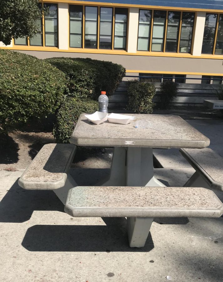 Trash on benches in the quad after lunch on Thursday, October 11, 2018 (Lincoln Lion Tales/ Nancy Quintana)
