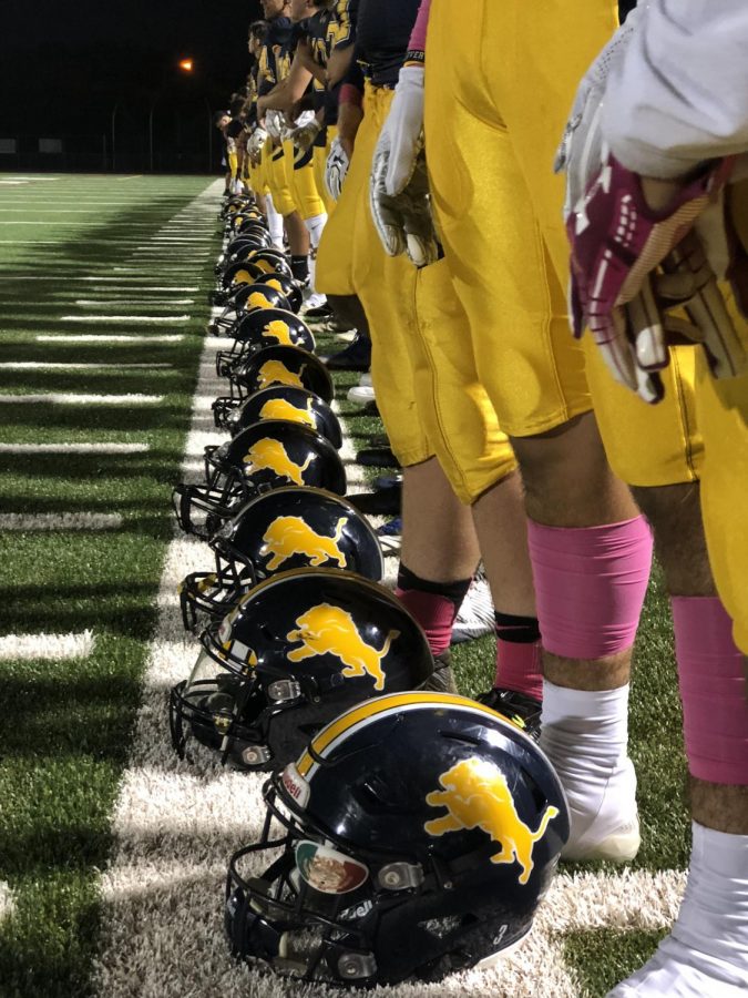The Varsity Loins lined up for the National Anthem. On October 19th the Lions went Against the Acorns. The Lions won Final score 27-24.(Anastasia Cervantes / Lincoln Lion Tales)