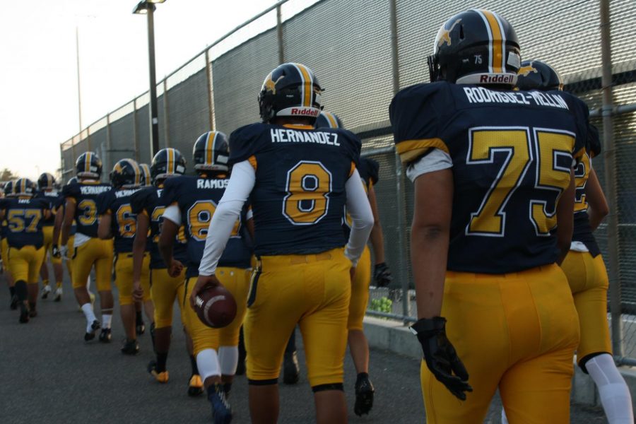Markus Hernandez #8 walking out with the team. On Friday October 12th the Lions went against the Santa Teresa Saints. Lions won final score 19-13. (Anastasia Cervantes / Lincoln Lion Tales)