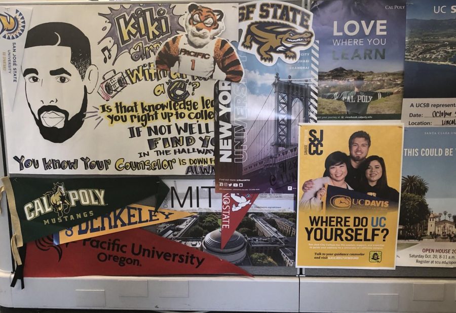 Posters from community colleges and universities found in the Lincoln Center (Lincoln Lion Tales/ Sharilyn Munoz).