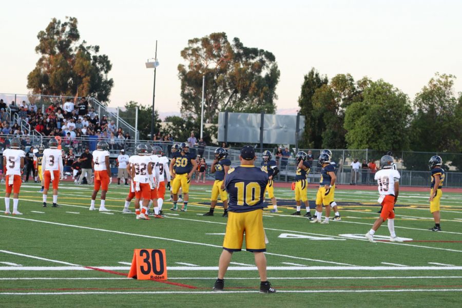 Players lining up the 40 yard mark. It was an intense game between the Lions and the Raiders. The game took place at the Lincoln football field on Friday, August 30, 2019. (Jetzemani Diaz Villalobos--Lion Tales)